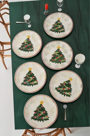 Akkoyunlu home Pine Tree Patterned Christmas Special 6 Pieces of Cake and Serving Plate, Cake, Serving Plate