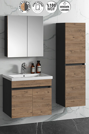 ÖZCEDEN Çiğdem 65+35 cm Antrasit Gri Mat-Atlantik Çam MDF Seramik Lavabolu Asma Banyo Dolabı Takımı