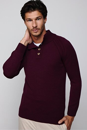 Tudors Men's Slim Fit Slim Fit Stand Collar Buttoned Claret Red Knitwear Sweater