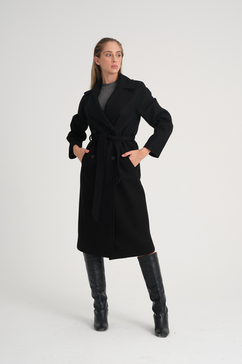 Soydan Güner Oversize Double Breasted Raglan Sleeve Medium Length (120 CM) Wool Content Coat Black 1280