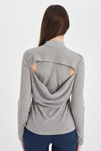 Hanna's by Hanna Darsa Women's Gray Half-Necked Back Low-Cut Rib Blouse Hn1325