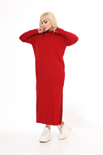 MJORA Red Half Turtleneck Knitted Knitted Dress