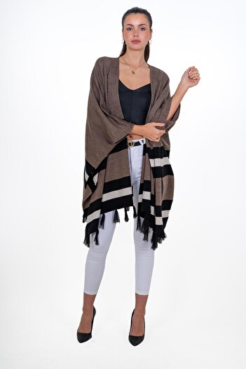 CHUBA Γυναικείες φούντες Colorblock Πλεκτά Poncho Shawl Brown 24W123