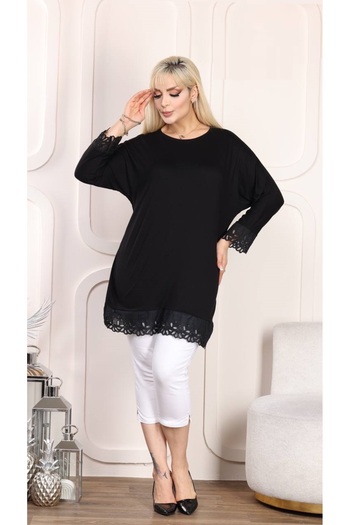 Butik Nilyam Women's Large Size Visto Detail Bat Sleeve Lycra Tunic 21051 Black