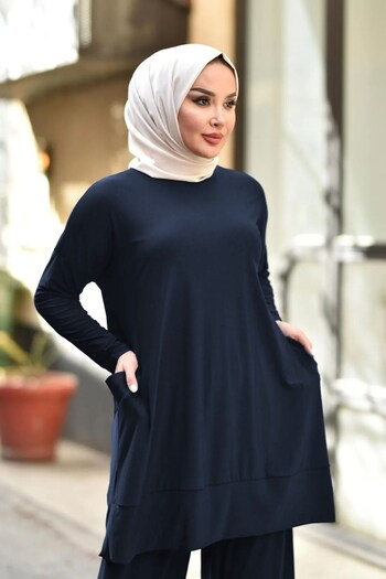 Aşkı Endam Large Size Hebe Double Sandy Set with Pockets - Navy Blue