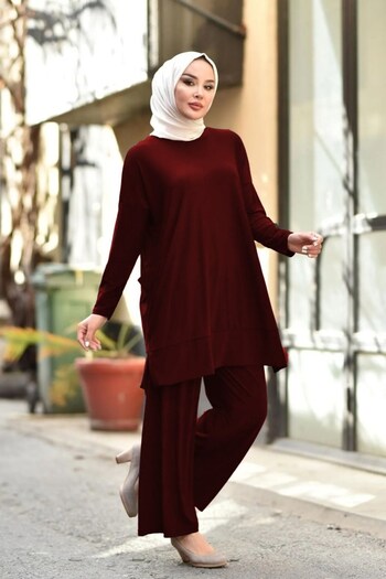 Aşkı Endam Large Size Hebe Double Sandy Set with Pockets - Claret Red