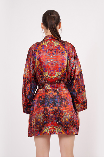 Nomads Felt Saf İpek Kısa Kimono Kaftan | Mandala Desen Kırmızı | Nomads Felt