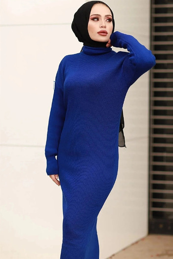 HayalGecesi Rochie de damă, albastră, cu gât țesut, cu mânecă lungă, din tricot cu nervuri, un singur fir strălucitor 135 cm