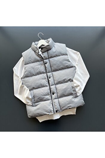 tetramoda Men's Gray High Fill Puffer Vest with Snap Fasteners & Zipper