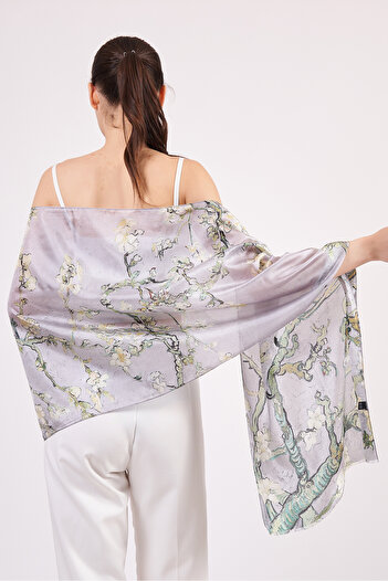 Nomads Felt Voile Silk Scarf| Van Gogh Almond Flower Gray| Nomads Felt