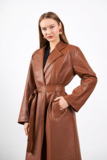 Ortaya Çık Brown Belt Detail Leather Trench Coat