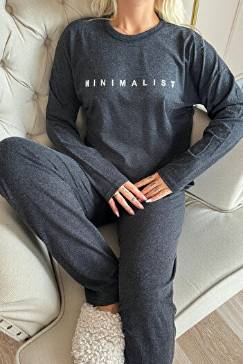 Pijamaevi Siyah Minimalist Baskılı Bambu Uzun Kol Kadın Pijama Takımı