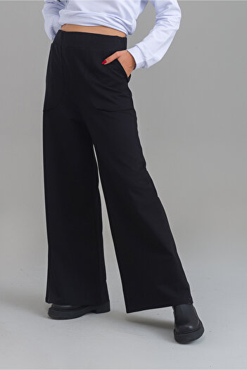 Bold & Young Women's Black Color Viscose Polyester Lycra Pocket Wide Leg Elastic Waist Pants