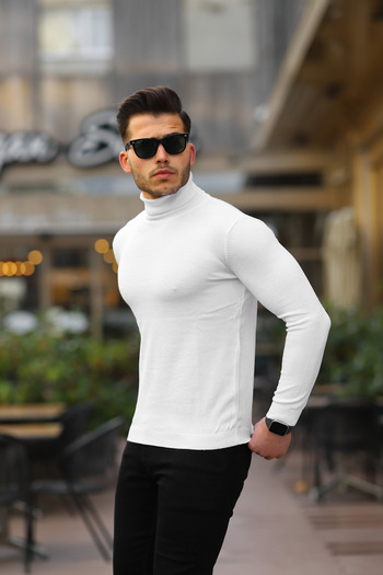 Ser Joven Pulover alb pentru bărbați, slim fit, cu gât complet