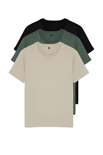 Trendyol Collection Fekete-kő-sötétzöld karcsú/keskeny nyakú, alap 100% pamut 3 csomagos póló TMNSS19BO0007