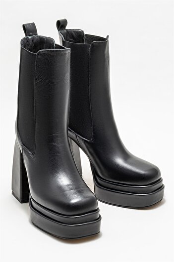 Elle Shoes Γυναικείες δερμάτινες μπότες με τακούνι - Μαύρο