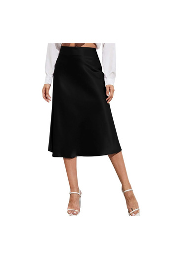 NSMLİFE Fusta midi casual cu talie înaltă din satin negru
