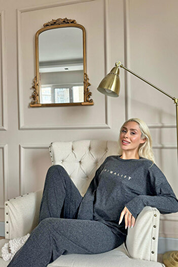 Pijamaevi Siyah Minimalist Baskılı Bambu Uzun Kol Kadın Pijama Takımı