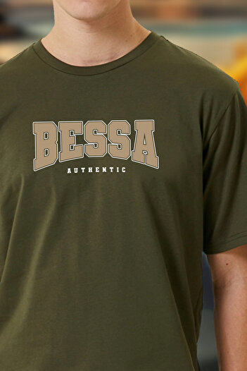 BESSA Men's Authentic Printed Khaki Crew Neck T-Shirt