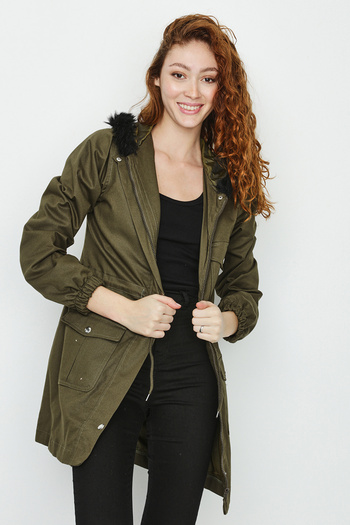 Select Moda Women's Khaki Fur Hooded Parka with Snap Closure