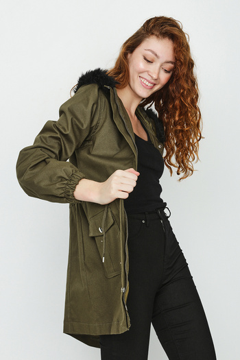Select Moda Women's Khaki Fur Hooded Parka with Snap Closure