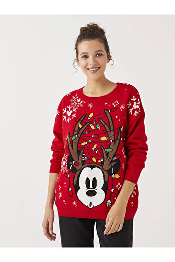 LC Waikiki LCW Casual Bisiklet Yaka Mickey Mouse Baskılı Uzun Kollu Kadın Triko Kazak