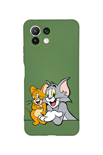Merwish Xiaomi Mi 11 Lite Uyumlu Tom Ve Jery Desenli İçi Kadife Lansman Silikon Kılıf Kapak Yeşil