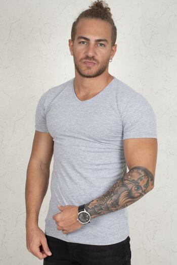 DeepSEA Deepseea Men's Gray Slim Fit V-Neck Plain Cotton Lycra T-Shirt1801165