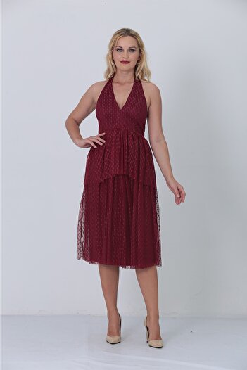 TİESSİ Women's Burgundy Halterneck Midi Polka Dot Tulle Dress