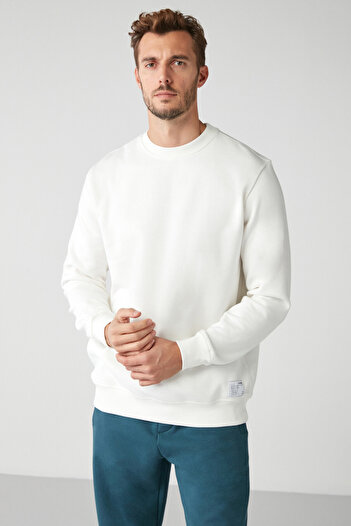 GRIMELANGE Travis Erkek Yumuşacık Kumaşlı Regular Fit Yuvarlak Yakalı Beyaz Sweatshirt