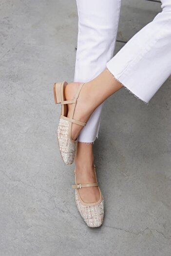 LAMİNTA Sista Beige Women's Ballerinas with Tweed Detail