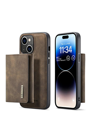 Merwish İphone 15 Uyumlu Deri (suni) Manyetik Ayrılabilen Cüzdanlı Arka Kapak Koyu Kahve Kılıf
