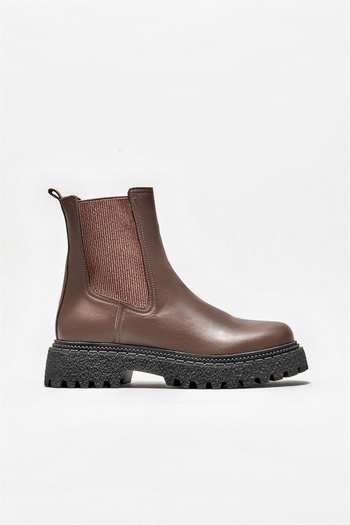 Elle Shoes Καφέ Δερμάτινες Γυναικείες Μπότες Casual