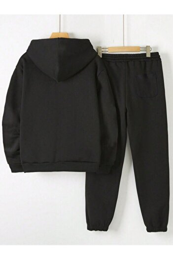 Josette Geyik Logo Winter Bottom Top Set Sweatshirt Tracksuit Bottoms - Black Printed Oversize Hoodie