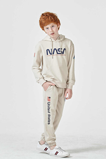 Black One Hooded Long Sleeve Print Detailed Boy's Tracksuit Set
