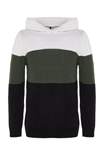 Trendyol Collection Khaki Regular Fit Wool Hooded Color Block Knitwear Sweater Tmnaw22Kz0822