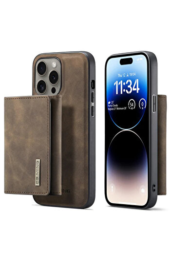 Merwish İphone 15Pro Uyumlu Deri (suni) Manyetik Ayrılabilen Cüzdanlı Arka Kapak Koyu Kahve Kılıf