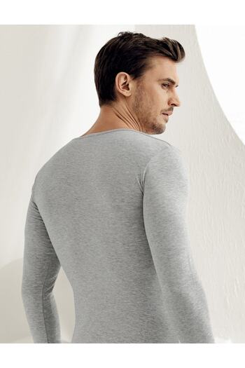 Şahinler Men's Gray Long Sleeve V-Neck Lycra Single Jersey Undershirt Me075