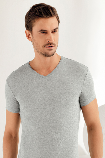 Şahinler Men's Gray Short Sleeve V-Neck Ribbed Undershirt Me028