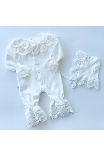MİNİBORN Juliet Cotton Jumpsuit with Lace Collar and Hat
