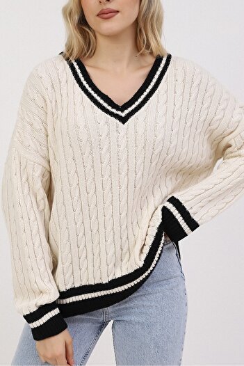 VEGENZE Women's Vanilla-Black V-Neck Hair Knitted Pattern Knitwear Sweater