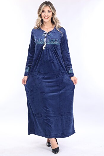 mervemoda Γυναικείο βελούδινο φόρεμα με κέντημα Navy Blue