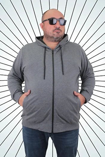 MocGrande Μεγάλο μέγεθος Basic Seasonal Zippered Hooded Sweat 22751 ΓΚΡΙ ΜΕΛΑΝΖ