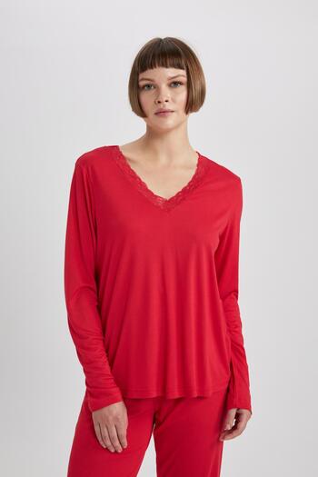 DeFacto Fall In Love V Yaka Dantelli Uzun Kollu Pijama Takımı W4126az23wn