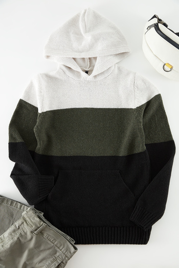 Trendyol Collection Khaki Regular Fit Wool Hooded Color Block Knitwear Sweater Tmnaw22Kz0822