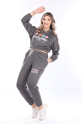 mervemoda Women's Dark Gray Two Thread Raised Tracksuit Set