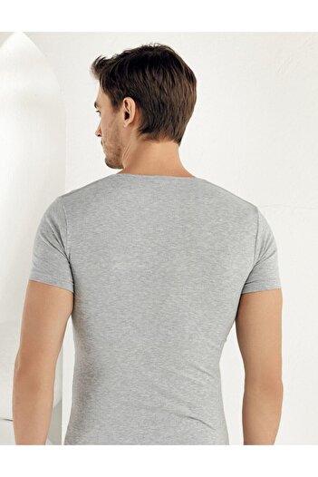 Şahinler Men's Gray Short Sleeve V-Neck Lycra Single Jersey Undershirt ME073