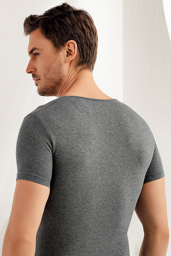 Şahinler Men's Dark Gray Short Sleeve V-Neck Lycra Single Jersey Undershirt Me073