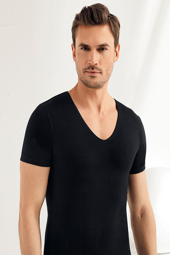 Şahinler Men's Black Short Sleeve V-Neck Lycra Single Jersey Undershirt ME081