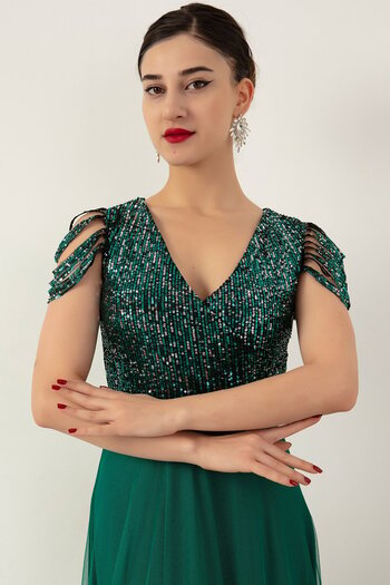 PULLIMM Sequined High Top Tulle Long Evening Dress 13118